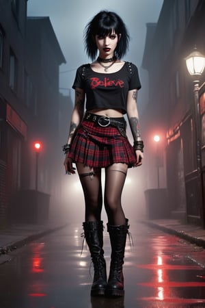 High resolution, full detailed, better image quality,

Believe me a beautiful goth girl, who has black hair with Half-sided bangs painted dark red, with a short shirt that shows the man, with a black and red plaid skirt, with black boots, with a punk style bracelet, and the punk style belt,  3/4 shot, on a foggy night street ,druun4wmn