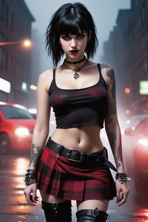 High resolution, full detailed, better image quality,

Believe me a beautiful goth girl, who has black hair with Half-sided bangs painted dark red, with a short shirt that shows the man, with a black and red plaid skirt, with black boots, with a punk style bracelet, and the punk style belt,  3/4 shot, on a foggy night street, holding her shirt up, showing off tits((nsfw)), druun4wmn