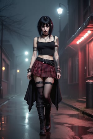 High resolution, full detailed, better image quality,

Believe me a beautiful goth girl, who has black hair with Half-sided bangs painted dark red, with a short shirt that shows the man, with a black and red plaid skirt, with black boots, with a punk style bracelet, and the punk style belt,  full body, on a foggy night street 