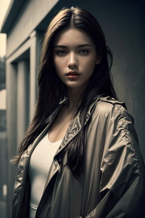 (masterpiece, best quality, highres:1.1, photorealistic:1.2), ultra resolution image, (realistic, realistic skin texture:1.2), a 20 yo woman, long hair, dark theme, soothing tones, muted colors, high contrast, (natural skin texture, hyperrealism, soft light, sharp), outdoors, trench coat, 