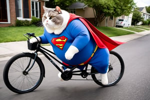 Photo of obese cat driving a bicycle, dressed as superman