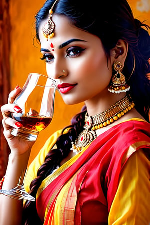 Rajasthani beuty, wearing red yellow chunari, whisky glass, drinking whiskey,