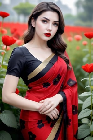 beautiful girl, flower printed saree, real Indian beauty, real black eyes, red lips, in the flower garden, full photo, look at viewer,