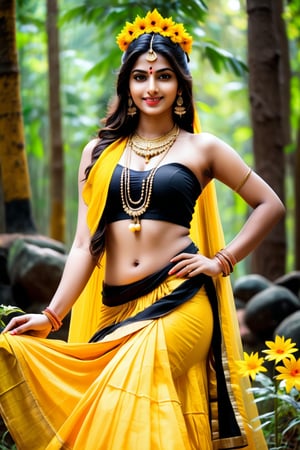 beautiful shiva girl, realistic Indian beauty, yellow ghagra, black HD eyes, look at viewer, real lips, real skin tone, real HD image, HD face, full body shot head to toe, HD smile, Shivalinga pray with flowers, forest queen,