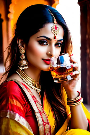 Rajasthani royal beuty, wearing red yellow chunari, whisky glass, drinking whiskey,