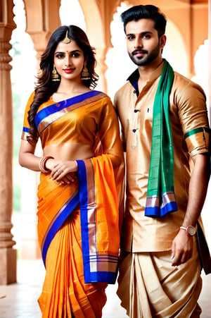 beautiful young couple, HD Face, masterpiece, best quality, realistic, 1girl, indian golden dress, traditional flower printed saree, black HD eyes look at viewer, real lips, real HD image, HD face, handsome man, fair skin, real indian eyes, orenge colour shirt, traditional dhoti, real HD face, clean shave, full body shot head to toe, HD smile, love in hirse park,