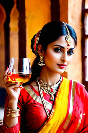 Rajasthani royal beuty, wearing red yellow chunari, whisky glass, drinking whiskey,