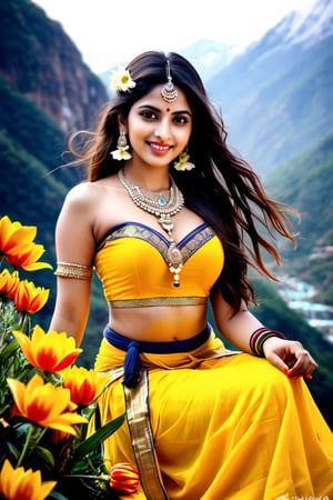 beautiful shiva girl, realistic Indian beauty, yellow ghagra, black HD eyes, look at viewer, real lips, real skin tone, real HD image, HD face, full body shot head to toe, HD smile, Shivalinga pray with flowers, on mountain,