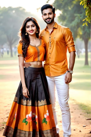 beautiful young couple, HD Face, masterpiece, best quality, realistic, 1girl, indian golden dress, traditional flower printed skirt, black HD eyes look at viewer, real lips, real HD image, HD face, handsome man, fair skin, real indian eyes, orenge colour shirt, real HD face, clean shave, full body shot head to toe, HD smile, love in founten park,