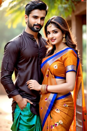 beautiful young couple, HD Face, masterpiece, best quality, realistic, 1girl, indian golden dress, traditional flower printed saree, black HD eyes look at viewer, real lips, real HD image, HD face, handsome man, fair skin, real indian eyes, orenge colour shirt, traditional dhoti, real HD face, clean shave, full body shot head to toe, HD smile, love in hirse park,