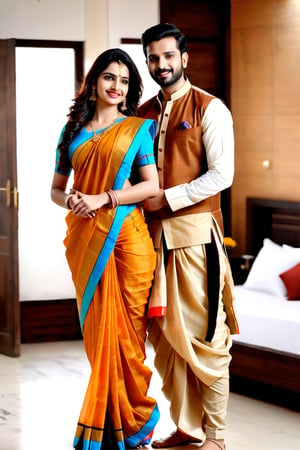 beautiful young couple, HD Face, masterpiece, best quality, realistic, 1girl, indian golden dress, traditional star printed saree, black HD eyes look at viewer, real lips, real HD image, HD face, handsome man, fair skin, real indian eyes, orenge colour shirt, traditional dhoti, real HD face, clean shave, full body shot head to toe, HD smile, hug in bedroom,