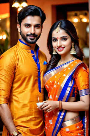 beautiful young couple, HD Face, masterpiece, best quality, realistic, 1girl, indian golden dress, traditional star printed saree, black HD eyes look at viewer, real lips, real HD image, HD face, handsome man, fair skin, real indian eyes, orenge colour shirt, traditional dhoti, real HD face, clean shave, full body shot head to toe, HD smile, take tea in cafe ,