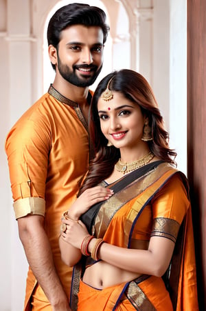 beautiful young couple, HD Face, masterpiece, best quality, realistic, 1girl, indian golden dress, traditional star printed saree, black HD eyes look at viewer, real lips, real HD image, HD face, handsome man, fair skin, real indian eyes, orenge colour shirt, traditional dhoti, real HD face, clean shave, full body shot head to toe, HD smile, hug in bedroom,