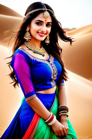 beautiful rajasthani girl, realistic Indian beauty, magical ghagra kurti, black HD eyes, look at viewer, real lips, real skin tone, real HD image, HD face, full body shot head to toe, HD smile, dune safari, full photo,