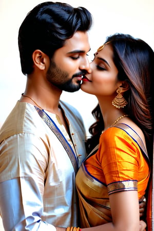 beautiful young couple, HD Face, masterpiece, best quality, realistic, 1girl, indian golden dress, traditional stars printed saree, black HD eyes look at viewer, real lips, real HD image, HD face, handsome man, fair skin, real indian eyes, orenge colour shirt, traditional dhoti, real HD face, clean shave, HD smile, kissing hug,