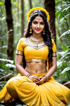 beautiful shiva girl, realistic Indian beauty, yellow ghagra, black HD eyes, look at viewer, real lips, real skin tone, real HD image, HD face, full body shot head to toe, HD smile, Shivalinga pray with flowers, in the forest,