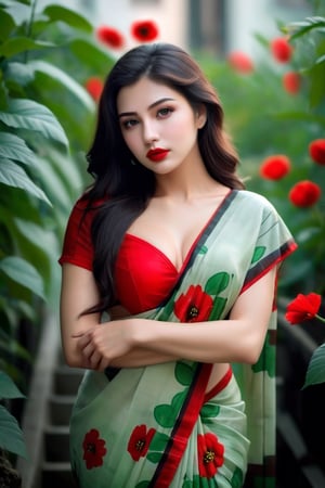 beautiful girl, flower printed saree, real Indian beauty, real black eyes, red lips, in the cool light, full photo, make a love in red green flower, look at viewer,