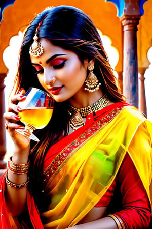 Rajasthani beuty, wearing red yellow chunari, whisky glass, drinking whiskey,