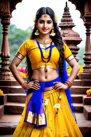 beautiful shiva girl, realistic Indian beauty, yellow ghagra, black HD eyes, look at viewer, real lips, real skin tone, real HD image, HD face, full body shot head to toe, HD smile, shivlinga pray with flowers, near Shivalinga,