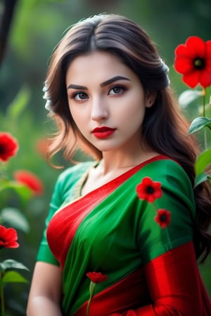 beautiful girl, green red saree, real Indian beauty, real black eyes, red lips, in the cool light, full photo, make a love in red green flower, look at viewer,