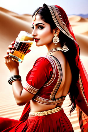 Rajasthani beuty, wearing red ghagra chunari, beer mug, Drinking beer on dunes,