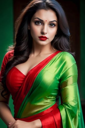 beautiful girl, green red saree, real Indian beauty, real black eyes, red lips, in the cool light, full photo, look at viewer,