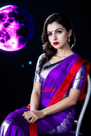 beautiful girl, purple silver printed saree, real Indian beauty, real black eyes, red lips, in the moon light, full photo, sitting on the chair, look at viewer,