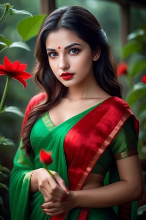 beautiful girl, green red saree, real Indian beauty, real black eyes, red lips, in the cool light, full photo, love in red green flower, look at viewer,