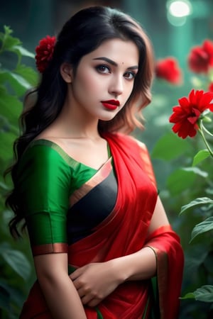 beautiful girl, green red saree, real Indian beauty, real black eyes, red lips, in the cool light, full photo, make a love in red green flower, look at viewer,