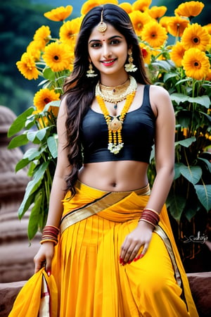 beautiful shiva girl, realistic Indian beauty, yellow ghagra, black HD eyes, look at viewer, real lips, real skin tone, real HD image, HD face, full body shot head to toe, HD smile, shivlinga pray with flowers, near Shivalinga,