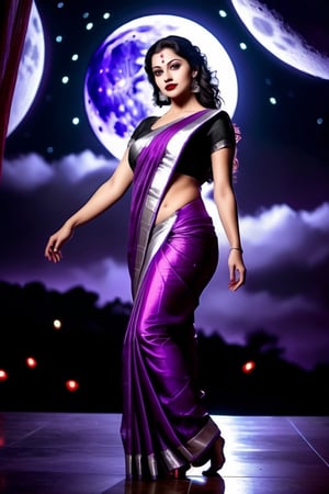 beautiful girl, purple silver saree, real Indian beauty, real black eyes, red lips, in the moon light, full photo, legs dance, look at viewer,