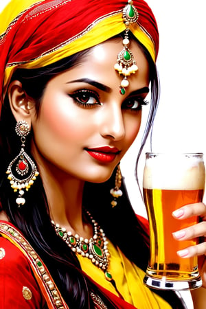 Rajasthani beuty, wearing red yellow chunari, beer mug, drinking beer,