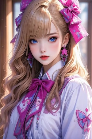 busty and sexy girl, 8k, masterpiece, ultra-realistic, best quality, high resolution, high definition, 1girl, solo, long hair, looking at viewer, bangs, blue eyes, blonde hair, bow, ribbon, jewelry, closed mouth, hair ribbon, white shirt, upper body, hair bow, earrings, frills, bowtie, lips, book, wavy hair, pink bow, red lips