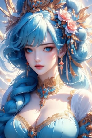 busty and sexy girl, 8k, masterpiece, ultra-realistic, best quality, high resolution, high definition, 1girl, solo, long hair, large breasts, looking at viewer,  bangs, blue eyes, hair ornament, dress, jewelry, closed mouth, upper body, braid, flower, earrings, choker, hair flower, lips, aqua hair, portrait