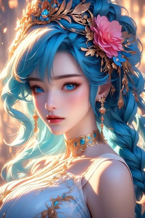 busty and sexy girl, 8k, masterpiece, ultra-realistic, best quality, high resolution, high definition, 1girl, solo, long hair, large breasts, looking at viewer,  bangs, blue eyes, hair ornament, dress, jewelry, closed mouth, upper body, braid, flower, earrings, choker, hair flower, lips, aqua hair, portrait