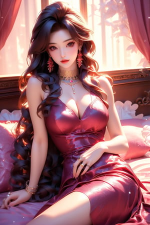 busty and sexy girl, 8k, masterpiece, ultra-realistic, best quality, high resolution, high definition, 1girl, solo, long hair, breasts,1girl, solo, long hair, breasts, looking at viewer, large breasts, black hair, pearl color dress, cleavage, bare shoulders, brown eyes, jewelry, sitting, earrings, parted lips, sleeveless, indoors, necklace, bracelet, lips, pillow, window, bed, makeup, sleeveless dress, on bed, ring, red lips, hand on own thigh, plunging neckline