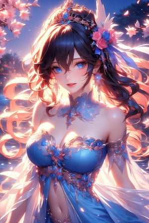 busty and sexy girl, 8k, masterpiece, ultra-realistic, best quality, high resolution, high definition, 1girl, solo, long hair, breasts, looking at viewer, smile, bangs, blue eyes, large breasts, black hair, hair ornament, dress, cleavage, hair between eyes, bare shoulders, jewelry, upper body, flower, short sleeves, earrings, parted lips, detached sleeves, hair flower, water, petals, strapless, covered navel, detached collar, night, blue dress, tiara, white flower, strapless dress