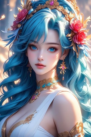 busty and sexy girl, 8k, masterpiece, ultra-realistic, best quality, high resolution, high definition, 1girl, solo, long hair, large breasts, looking at viewer,  bangs, blue eyes, hair ornament, dress, jewelry, closed mouth, upper body, braid, flower, earrings, choker, hair flower, lips, aqua hair, portrait