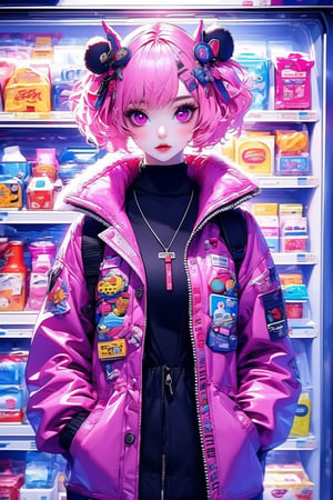 busty and sexy girl, 8k, masterpiece, ultra-realistic, best quality, high resolution, high definition,1girl, solo, looking at viewer, short hair, hair ornament, jacket, pink hair, hairclip, pink eyes, sweater, fur trim, turtleneck, turtleneck sweater, hands in pockets, vending machine, sticker