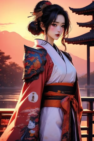 busty and sexy girl, 8k, masterpiece, ultra-realistic, best quality, high resolution, high definition, 1girl, solo, black hair, hair ornament, outdoors, japanese clothes, sky, cloud, kimono, hair bun, armor, tree, lips, sash, single hair bun, shoulder armor, sunset, realistic, sun, japanese armor, sode