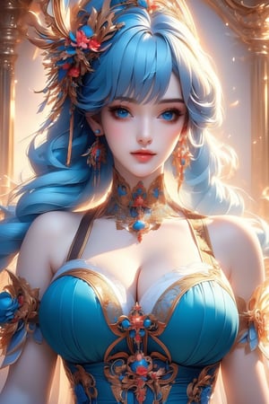 busty and sexy girl, 8k, masterpiece, ultra-realistic, best quality, high resolution, high definition, 1girl, solo, long hair, large breasts, looking at viewer,  bangs, blue eyes, hair ornament, dress, jewelry, closed mouth, upper body, braid, flower, earrings, choker, hair flower, lips, aqua hair, portrait