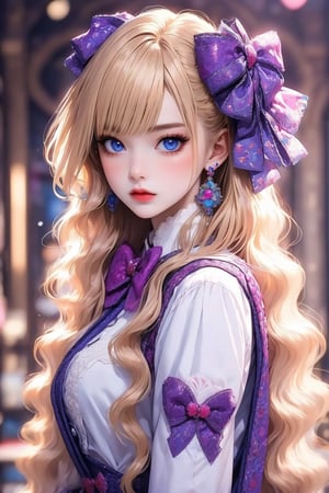 busty and sexy girl, 8k, masterpiece, ultra-realistic, best quality, high resolution, high definition, 1girl, solo, long hair, looking at viewer, bangs, blue eyes, blonde hair, bow, ribbon, jewelry, closed mouth, hair ribbon, white shirt, upper body, hair bow, earrings, frills, bowtie, lips, book, wavy hair, pink bow, red lips