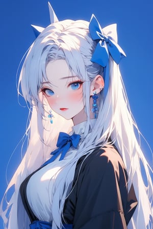 busty and sexy girl, 8k, masterpiece, ultra-realistic, best quality, high resolution, high definition,1girl, solo, long hair, looking at viewer, blush, bangs, blue eyes, dress, bow, ribbon, jewelry, closed mouth, hair ribbon, upper body, white hair, hair bow, earrings, frills, black dress, parted bangs, eyelashes, blue bow, blue ribbon, pale skin, red lips