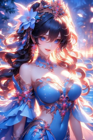 busty and sexy girl, 8k, masterpiece, ultra-realistic, best quality, high resolution, high definition, 1girl, solo, long hair, breasts, looking at viewer, smile, bangs, blue eyes, large breasts, black hair, hair ornament, dress, cleavage, hair between eyes, bare shoulders, jewelry, upper body, flower, short sleeves, earrings, parted lips, detached sleeves, hair flower, water, petals, strapless, covered navel, detached collar, night, blue dress, tiara, white flower, strapless dress