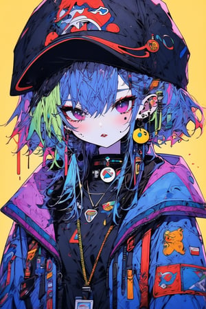 busty and sexy girl, 8k, masterpiece, ultra-realistic, best quality, high resolution, high definition,1girl, solo, long hair, breasts, looking at viewer, bangs, shirt, black hair, hat, jewelry, blue hair, jacket, upper body, heart, multicolored hair, earrings, parted lips, sleeveless, choker, necklace, off shoulder, mole, two-tone hair, black jacket, mole under eye, black headwear, tattoo, black choker, piercing, ear piercing, yellow shirt, beanie