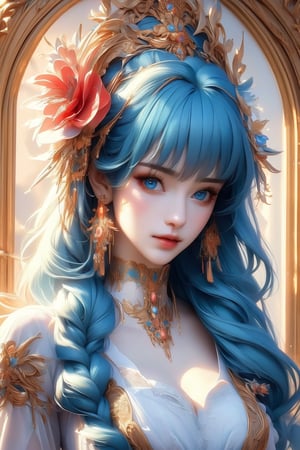 busty and sexy girl, 8k, masterpiece, ultra-realistic, best quality, high resolution, high definition, 1girl, solo, long hair, large breasts, looking at viewer,  bangs, blue eyes, hair ornament, dress, jewelry, closed mouth, upper body, braid, flower, earrings, choker, hair flower, lips, aqua hair, portrait