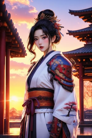 busty and sexy girl, 8k, masterpiece, ultra-realistic, best quality, high resolution, high definition, 1girl, solo, black hair, hair ornament, outdoors, japanese clothes, sky, cloud, kimono, hair bun, armor, tree, lips, sash, single hair bun, shoulder armor, sunset, realistic, sun, japanese armor, sode