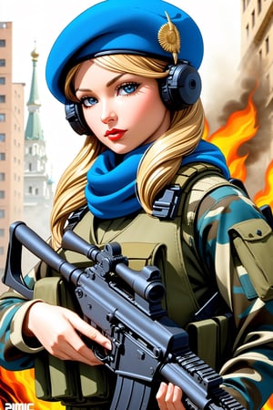 The PMC girl confidently stands in a dynamic pose, wielding an AK-102, an iconic assault rifle, ready for battle. The meticulously detailed AK-102 features a compact and robust design, with a suitable barrel length, black polymer components, and a folding stock contributing to its streamlined profile.

Constructed primarily from steel, aluminum alloys, and high-strength polymer, the AK-102 showcases durability and resilience. The artist captures the essence of the firearm by accurately depicting details such as the fire selector, gas piston, and muzzle brake, showcasing a commitment to authenticity.

The uniform, inspired by the Russian Airborne Troops (VDV), complements the scene with a blue beret placed firmly on the head, digital flora-style Russian woodland camouflage,

In her Russian military harness, the PMC girl skillfully carries AK-102, black magazines, contributing to the practicality of her gear. The overall composition conveys a sense of urgency and intensity, emphasized by the character's determined posture, reflecting preparedness for an imminent battle. The detailed background and gear, AK-102 Russian Weapon