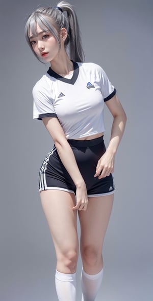 8k,RAW photo,masterpiece,best quality,ultra high res, photorealistic, korean,
1girl, from front,masterpiece, gray_hair, all random, white smooth tight sports_uniform, random background, full_body, random posture, side ponytail, tiny_breasts, pussy exposed, white short