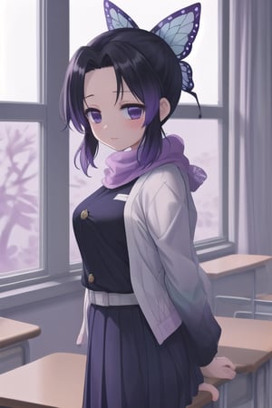 kochou shinobu, school_girl, school_uniform, school, classroom, scarf,<lora:659111690174031528:1.0>